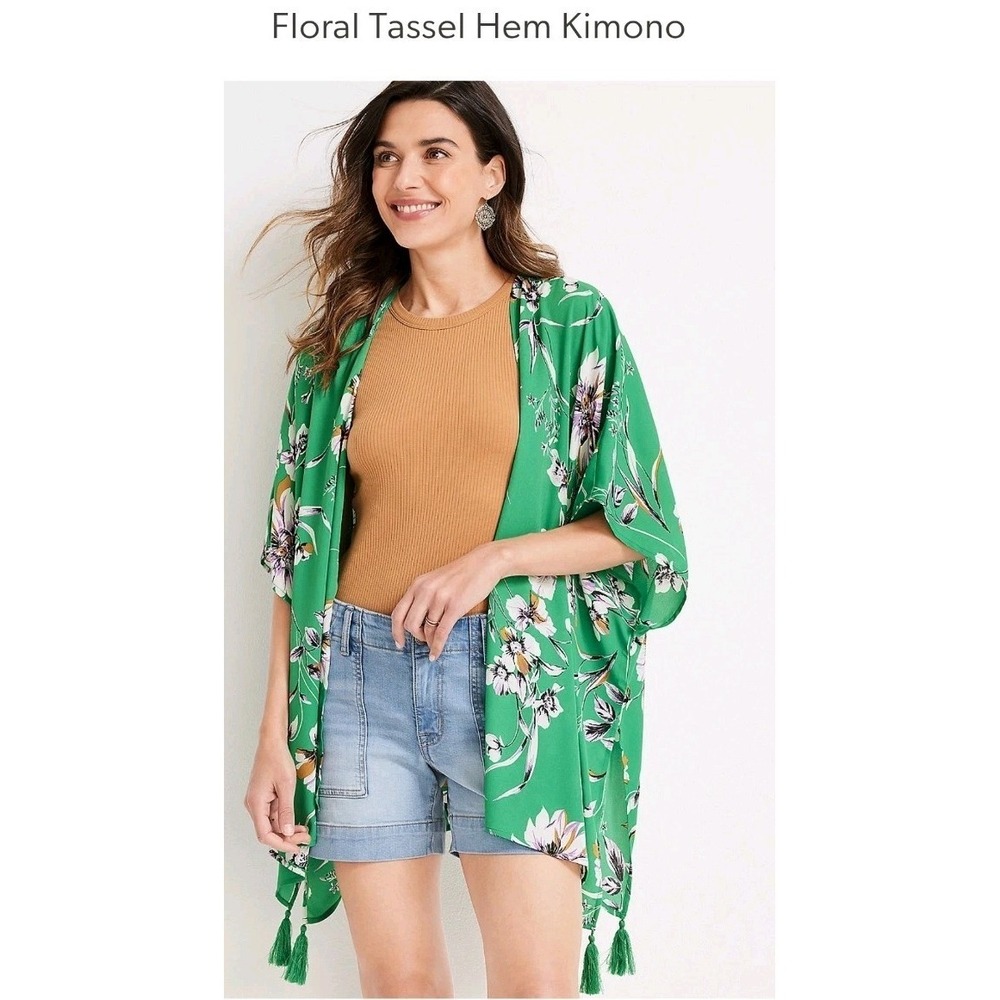 Maurices Green Floral Kimono Open Front Tassel Hem Cover Up  One Size NWT